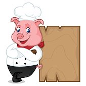 Chef pig cartoon mascot leaning on wooden plank isolated on white background