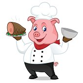 Chef pig cartoon mascot serving pork on tray isolated on white background