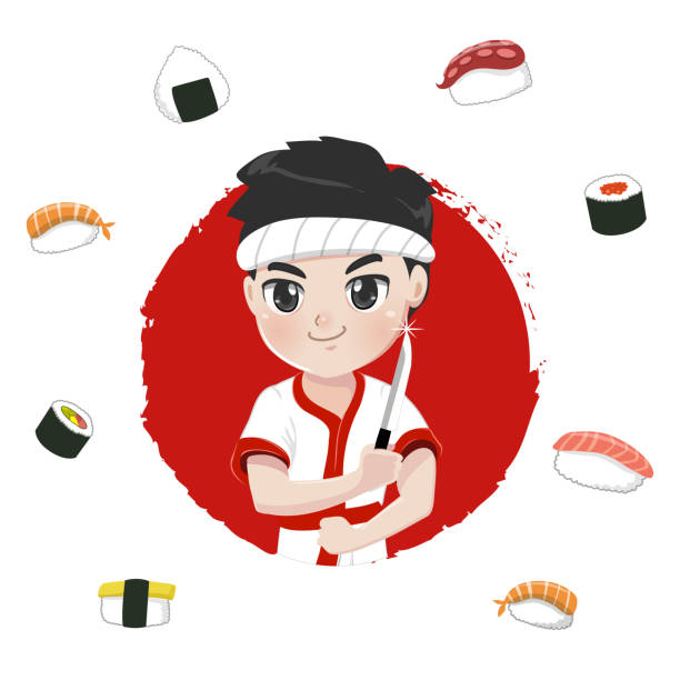 chef sushi logo. - asiatischer koch stock-grafiken, -clipart, -cartoons und -symbole