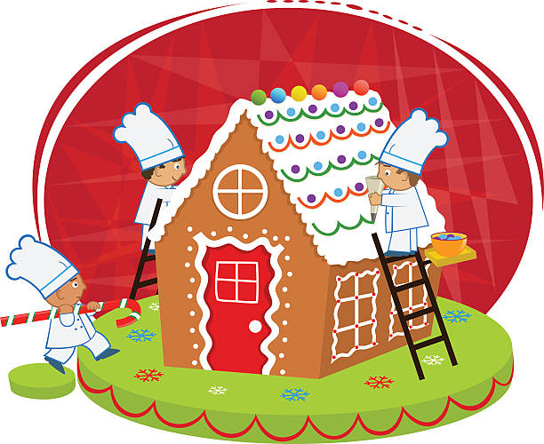 Chefs and Gingerbread house Cute chefs are decorating a gingerbread house. Eps10 gingerbread house stock illustrations