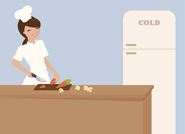 ilustrações de stock, clip art, desenhos animados e ícones de preparação de cozinheiro - woman chopping vegetables