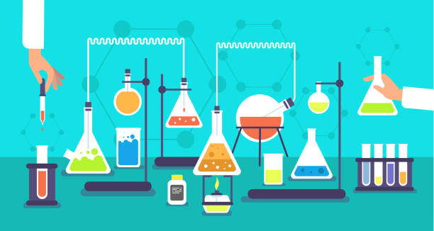 Chemical equipment in chemistry analysis laboratory. Science school research lab experiment vector background Chemical equipment in chemistry analysis laboratory. Science school research lab experiment vector background. Analysis experiment, lab research chemistry illustration chemical reaction stock illustrations