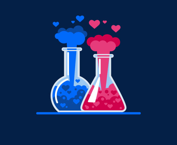 Chemical explosion and flying hearts. Love symbol Chemical explosion in a test tube. Hearts fly out of two glass flasks, a chemical reaction occurs. Symbol of love. Flat Vector Illustration chemical reaction stock illustrations