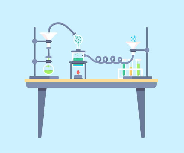 illustrazioni stock, clip art, cartoni animati e icone di tendenza di illustrazione vettoriale piatta della tabella da laboratorio chimica - laboratorio scientifico