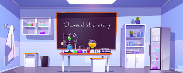 Chemical laboratory, empty chemistry cabinet, room Chemical laboratory, empty chemistry cabinet or classroom interior with blackboard, beakers for experiments on desk, furniture and scientific supplies. Educational room cartoon vector illustration laboratory backgrounds stock illustrations