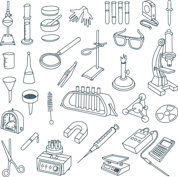 Chemical Laboratory Equipment Doodles Vector illustration of chemical topics. All objects are grouped. Laboratory equipment for chemistry. laboratory drawings stock illustrations