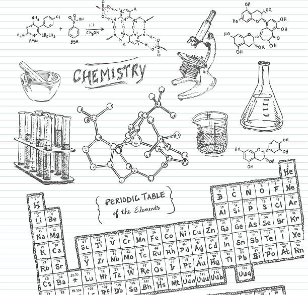 Chemistry Doodle Sketches Hand-drawn doodle pencil sketch of various subjects covered in a Chemistry lab or class. Items included: beakers, Periodic Table of the Elements, test tubes, microscope, mortar and pestle and chemistry equations. Lined paper is on layer that can be easily removed. All items are grouped and on layers for easy adjustment. XL 5000x5000 jpeg included. chemistry class stock illustrations