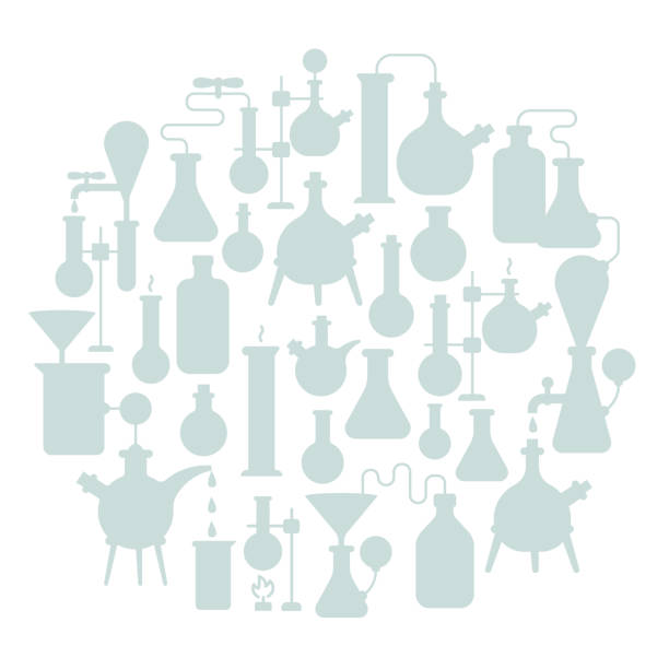 Chemistry equipment silhouette flat round background. Science of chemicals. Laboratory research. Medical tests. Monochrome flat vector. Chemistry equipment silhouette flat round background. Science production of chemicals. Laboratory research. Medical tests. Monochrome flat vector. laboratory silhouettes stock illustrations
