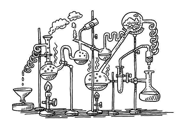 Chemistry Experiment Laboratory Drawing Hand-drawn vector drawing of a Chemistry Experiment in a Laboratory. Black-and-White sketch on a transparent background (.eps-file). Included files are EPS (v10) and Hi-Res JPG. laboratory drawings stock illustrations