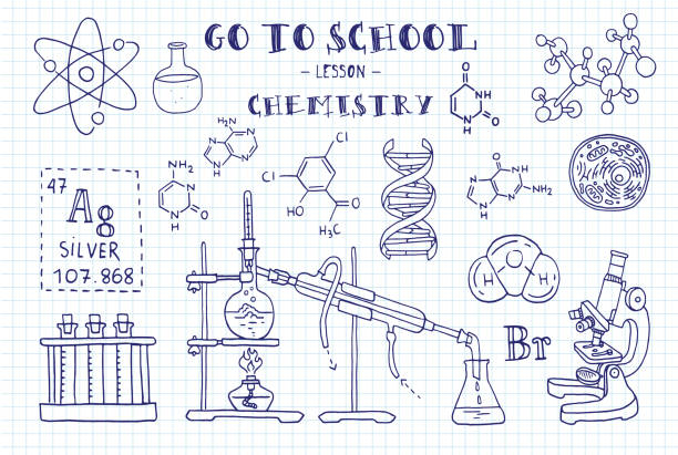 Chemistry. Hand sketches on the theme of Chemistry. Note book page paper. Vector illustration. Chemistry. Hand sketches on the theme of Chemistry. Note book page paper. Vector illustration. dna drawings stock illustrations