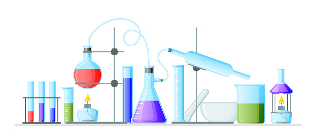 Chemistry lab. Science and physics reaction with laboratory supplies. Vials and test tubes. Cylinder beakers. Burner and pipette. Chemical scientific experiments. Vector illustration