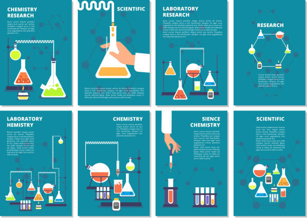 Chemistry laboratory testing. Pharmacy processing and science medical research lab. Vector book covers, brochure template Chemistry laboratory testing. Pharmacy processing and science medical research lab. Vector book covers, brochure template. Illustration of pharmacy lab poster, medical test and research chemistry stock illustrations