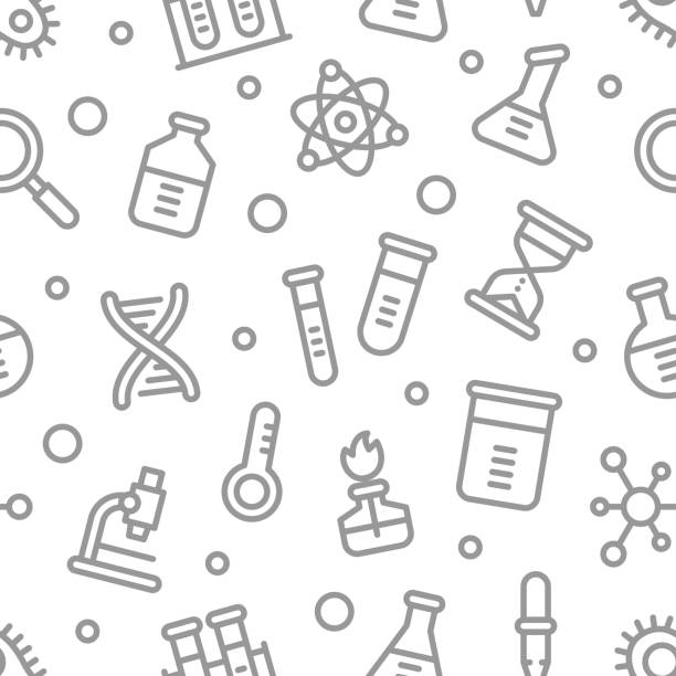 Chemistry science laboratory outline vector seamless pattern Chemistry science laboratory outline vector seamless pattern. Pharmacy and chemistry, education and science elements and equipment laboratory designs stock illustrations