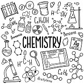 istock Chemistry symbols icon set. Science subject doodle design. Education and study concept. Back to school sketchy background for notebook, not pad, sketchbook. 1368985341