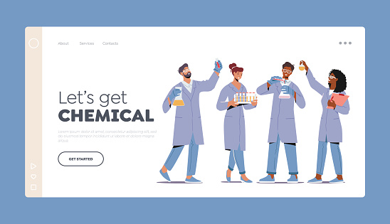 Chemists Landing Page Template Set. Chemistry Staff Work, Scientific Technicians Conduct Research or Experiment in Scientific Laboratory. People in Lab Coats Holding Tubes. Cartoon Vector Illustration