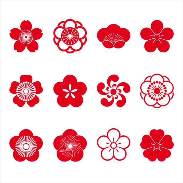 Cherry blossom icons Cherry blossom icons, sakura icons, japanese flower, set of 12 flower icons stock illustrations