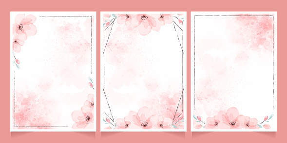 cherry blossom watercolor with brown frame for wedding invitation card template collection