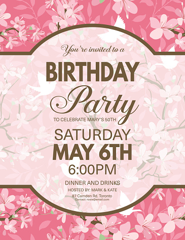 Cherry Blossoms And Sparrows Pattern With A Party Invitation