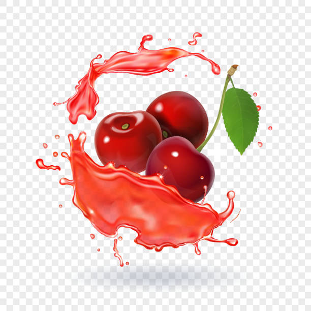 illustrazioni stock, clip art, cartoni animati e icone di tendenza di succo di ciliegia realistico succo di frutta fresca di frutta - ciliegie