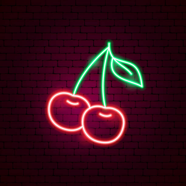 Cherry Neon Sign Cherry Neon Sign. Vector Illustration of Game Promotion. cherry stock illustrations