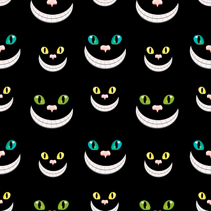 Cheshire cats smiling in darkness. Vector seamless pattern.