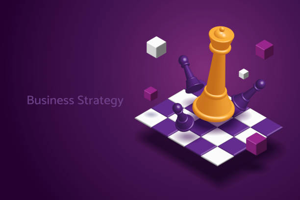 Chess and chessboard on a purple background. Business strategy planning Chess symbols on a chessboard on a purple background. 3D isometric vector illustration. chess backgrounds stock illustrations