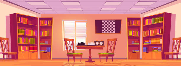 Chess club interior with board, pieces and clock Chess club interior with board, pieces and clock on table, chairs, bookcases with books and checkerboard on wall. Vector cartoon illustration of empty room for playing chess chess borders stock illustrations