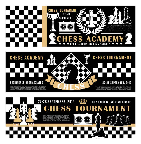 Chess game academy, open tournament vector poster Chess academy or tournament and championship. Vector banners of horse and bishop, queen and pawn, rook and king crown on chessboard strategy. Background with score clock on chess backgrounds stock illustrations