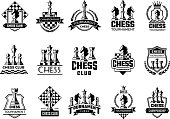 Chess labels. Sport stylized silhouettes of chess figures knight rook pawn vector illustration of badges. Emblem chess competition, queen and king