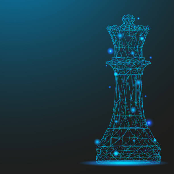Chess piece queen consisting of points and lines Chess piece queen consisting of points and lines. Low poly wireframe on blue background. Creative minimal concept. Abstract illustration of a starry sky of galaxies. Digital Vector illustration. chess clipart stock illustrations