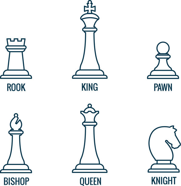 Chess pieces vector thin line icons king queen bishop rook Chess pieces in thin line vector icons, king and queen, bishop and rook, knight and pawn. Set of figure for chess and illustration of chess pieces chess piece stock illustrations
