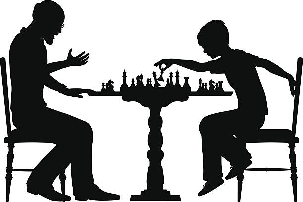 Chess prodigy Editable vector silhouette of a young boy beating a man at chess with all elements as separate objects chess silhouettes stock illustrations