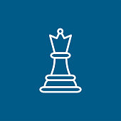 Chess Queen Line Icon On Blue Background. Blue Flat Style Vector Illustration.