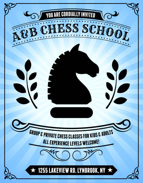 Chess school Poster on Blue Background Chess School Poster on Blue Background chess borders stock illustrations