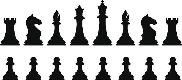 Chess set Editable vector silhouettes of a set of standard chess pieces chess silhouettes stock illustrations