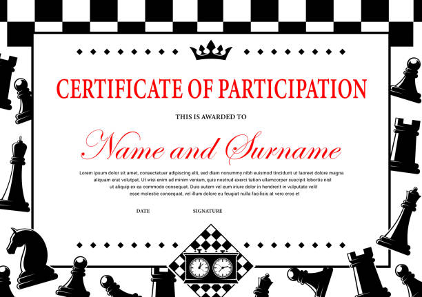 Chess tournament participation certificate, award Chess tournament participation certificate, award diploma vector template. Child or adult chessplayer championship monochrome border design with figures and checkered pattern, sport game achievement chess borders stock illustrations