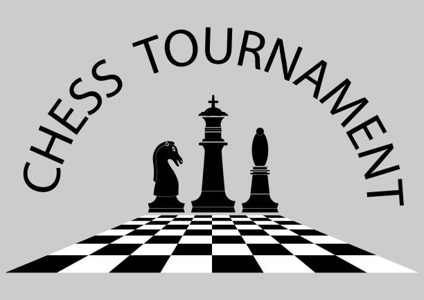 Chess tournament poster template. Chess pieces with board isolated on grey background. Silhouette of knight, bishop and king in black color. Logo of intelligence game or competition Chess tournament poster template. Chess pieces with board isolated on grey background. Silhouette of knight, bishop and  king in black color. Logo of intelligence game or competition. Vector chess silhouettes stock illustrations