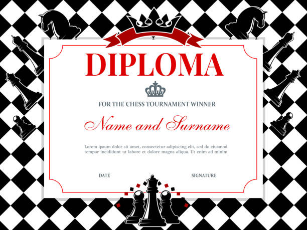 Chess tournament winner diploma vector template Chess tournament winner diploma template. Kids diploma or certificate for chess competition achievements or participation. Checkered chessboard, knight, queen and pawn figures, crown and ribbon vector chess borders stock illustrations