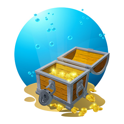 Chest of gold in the sand under the blue clouds - vector illustration for design, backgrounds, postcards. Vector