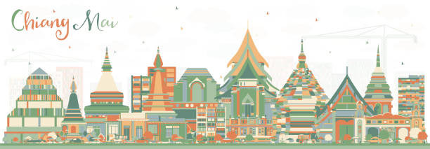 stockillustraties, clipart, cartoons en iconen met chiang mai thailand stad skyline met kleur gebouwen. - chiang mai stad
