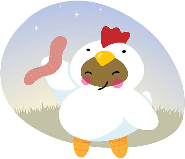 Chic food - Alternate Urban style character of a small child in a chicken suit with a earthworm. white leghorn stock illustrations