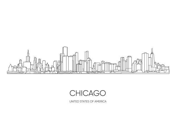 芝加哥天際線, 伊利諾州, 美國。手繪向量插圖, 非常適合明信片或紀念品。黑白輪廓 - skyline 幅插畫檔、美工圖案、卡通及圖標