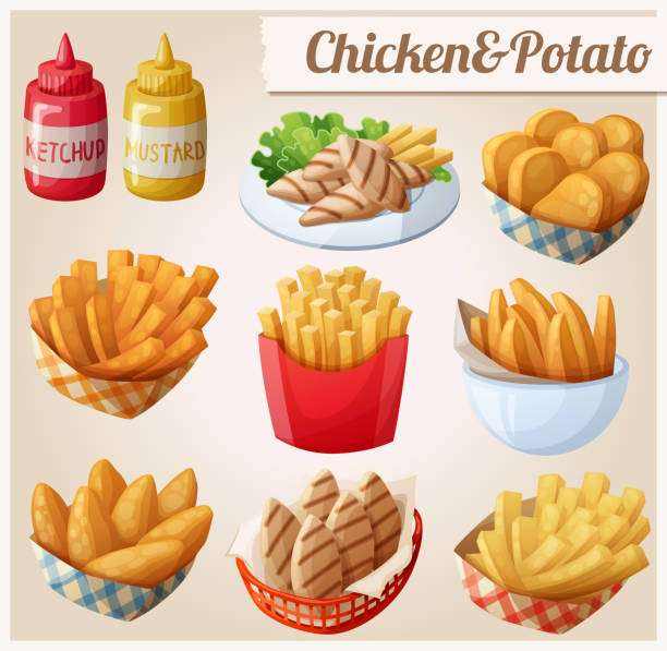stockillustraties, clipart, cartoons en iconen met kip en aardappel. set van cartoon vector voedsel pictogrammen - patat