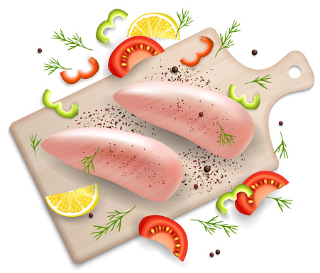 Raw chicken breast fillets with pepper, lemon, tomato slices and spices on wooden cutting board, vector realistic illustration. Chicken meat composition for restaurant menu, recipe book, website page. vector