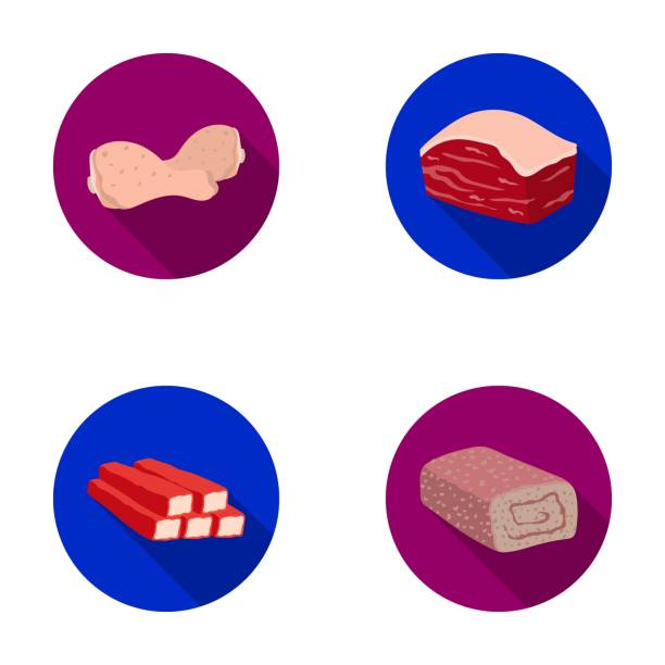 podudzia z kurczaka, podcherevina, pałeczki kraba, klopsik. ikony kolekcji zestawów mięsnych w płaskim stylu symbol wektorowy ilustracja stock web. - meatloaf stock illustrations