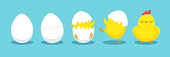 Chicken hatching. Cracked chick egg, hatch eggs and hatched easter chicks. Cracks egg and easter mascot chicken. Newborn bird cartoon vector illustration