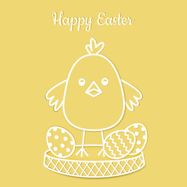 Chicken in a nest with Easter eggs. Funny yellow chicken in a nest with Easter eggs. Easter greeting and postcard. Paper cut style. Vector illustration. easter sunday stock illustrations