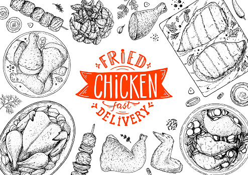 Chicken meat. Fried chicken. Hand drawn sketch illustration. Grilled chicken meat top view frame. Vector illustration. Engraved design. Restaurant menu design template. vector