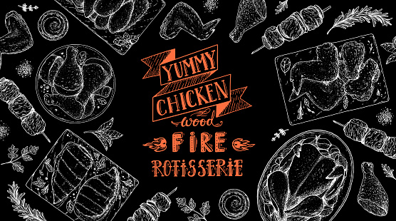 Chicken meat. Fried chicken. Hand drawn sketch illustration. Grilled chicken meat top view frame. Vector illustration. Engraved design. Restaurant menu design template.