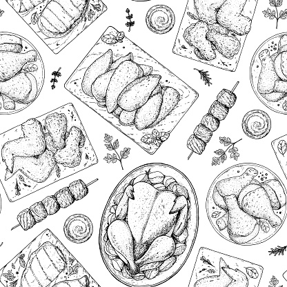 Chicken meat. Grilled and Fried chicken. Hand drawn sketch illustration. Grilled chicken meat seamless pattern. Vector illustration. Engraved design. Restaurant menu design template.